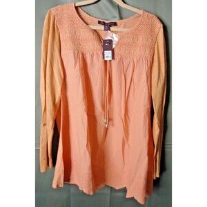 Gloria Vanderbilt Daphne Embroidered Smocked Roll-Tab Boho Top Women’s Med Coral